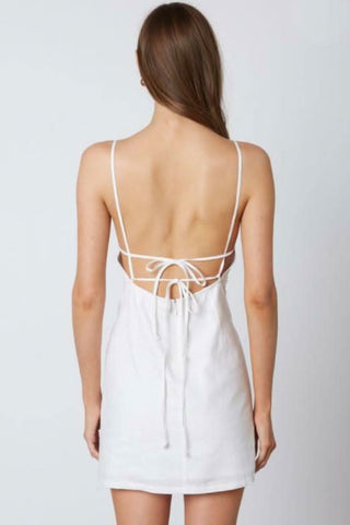 White lace-up back mini dress back view