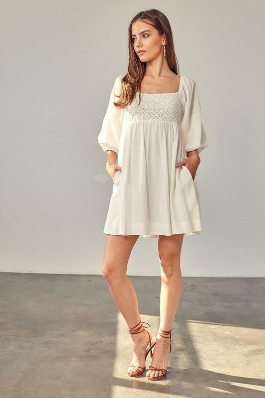White Crochet Puff Sleeve Mini Dress
