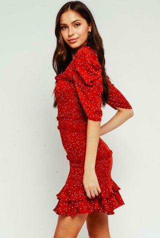 Naomi Red Dot Smocked Puff Sleeve Mini Dress side