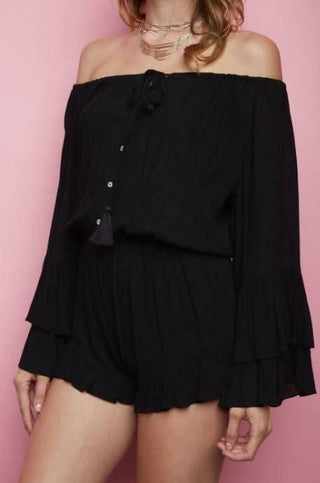 Full Moon Black Off-The-Shoulder Blouson Romper | Boho Pink