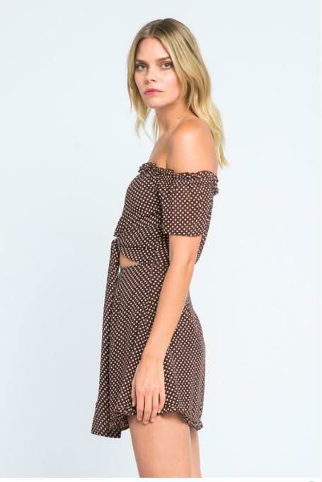 Brown Dot Off Shoulder Mini Dress