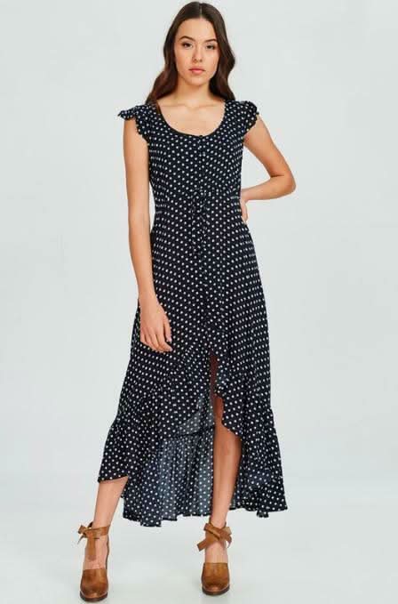 Dotty & Me Navy Blue and White Polka Dot Maxi Dress - Size S - Ruffle Cap Sleeves, High-Low Bodice, Cinched Drawstring Waist Dotty & Me Navy Blue and White Polka Dot Maxi Dress - Size S - Ruffle Cap Sleeves, High-Low Bodice, Cinched Drawstring Waist