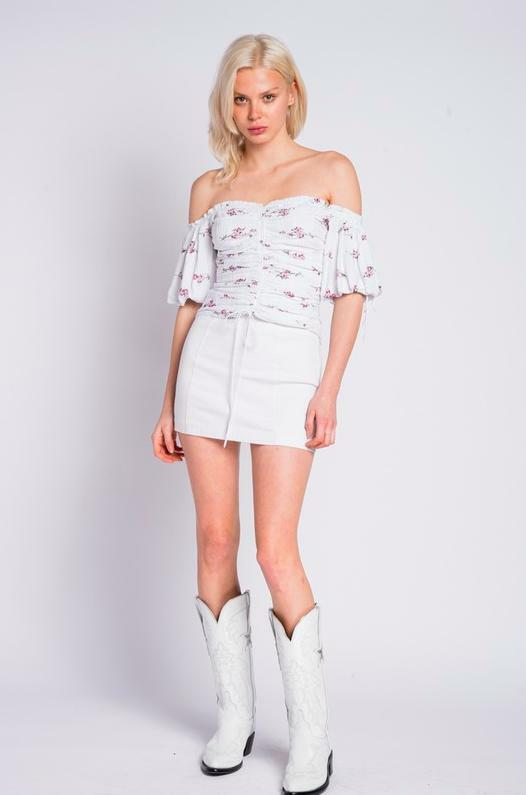 White Floral Rouched Off-the-Shoulder Top