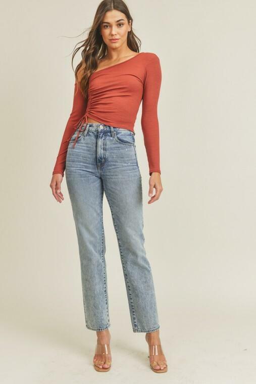Lush Angie Mahogany One Shoulder Ruched Crop Top -  BohoPink
