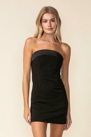 black strapless satin mini dress bodycon fit