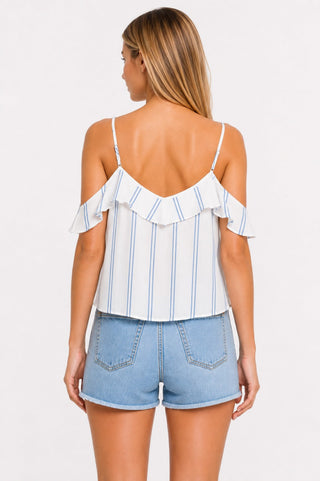 Meg White and Blue Striped Ruffle Top - Back View