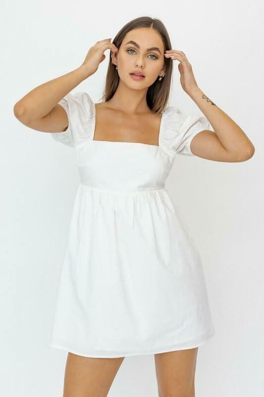 Le Lis Rosemary White Square Neck Puff Sleeve Babydoll Dress - Size L - Lightweight Cotton, Cutout Back, Flowy Mini Skirt Le Lis Rosemary White Square Neck Puff Sleeve Babydoll Dress - Size L - Lightweight Cotton, Cutout Back, Flowy Mini Skirt