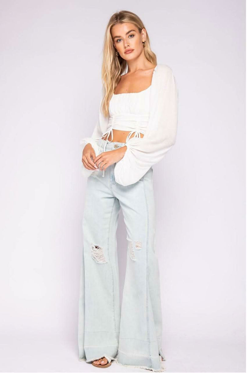Je T'aime White Bubble Sleeve Crop Top styled for date night