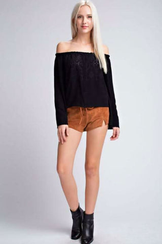 Evia Black Eyelet Off-the-Shoulder Bell Sleeve Top - Outfit View