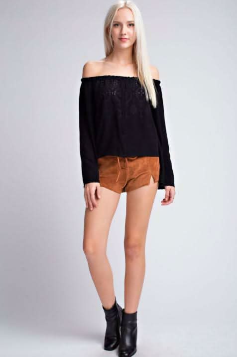 Evia Eyelet Off-the-Shoulder Bell Sleeve Top -  BohoPink