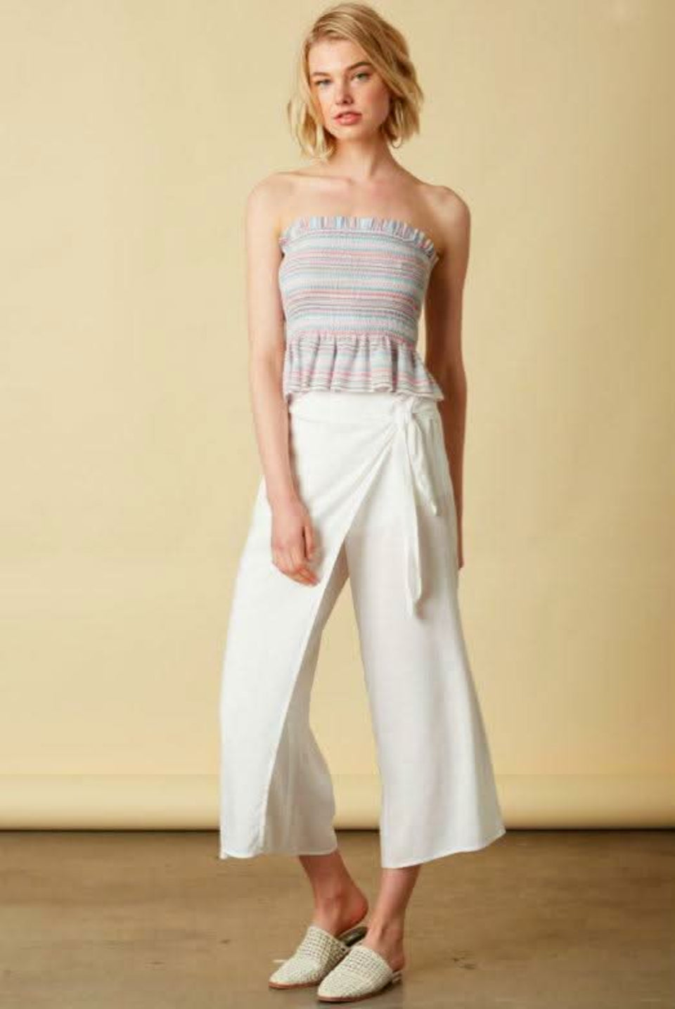 Renata White Tie-Front Wrap Pants - Size L - Cotton Candy LA