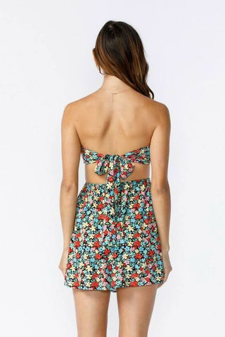 Ambrosia Blue and Red Floral Print Strapless Mini Dress back view showing open tie back