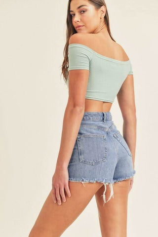 Bailey Sage Drawstring Off-the-Shoulder Crop Top -  BohoPink