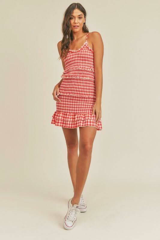 Red Gingham Smocked Ruffle Mini Dress 