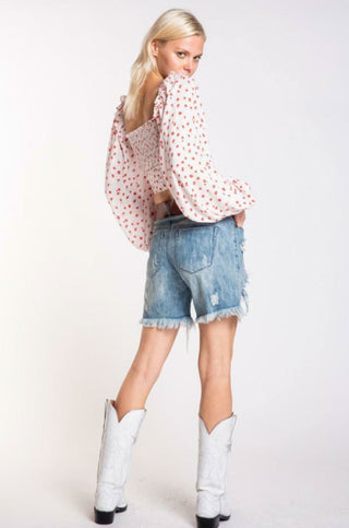 White And Red Floral Crop Top with Long Sleeves