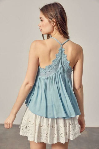 Everything Sweet Foam Blue Lace Trim Tank Top back view