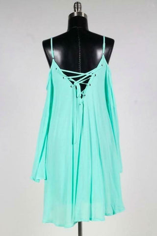 Mint Cold Shoulder Lace-Up Dress - back view