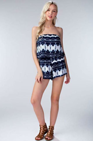 seaside navy tie-dye strapless romper full length front view with sandals