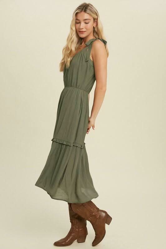 Olive Tie-Strap Midi Dress