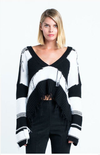 Kara Black and White Striped Fringe Ripped Sweater - Front View