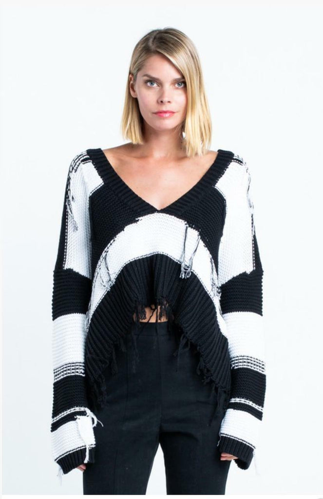Black and White Frayed Sweater