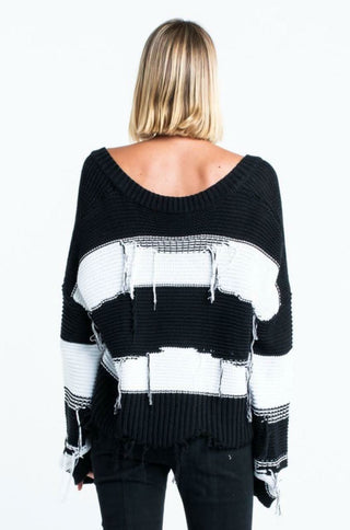 Kara Black and White Striped Fringe Ripped Sweater - View
