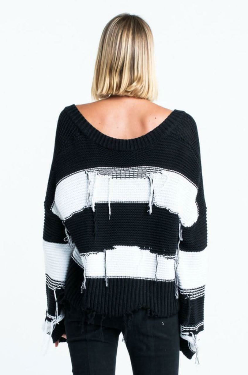Kara Black and White Striped Fringe Ripped cropped sweaters-  BohoPink