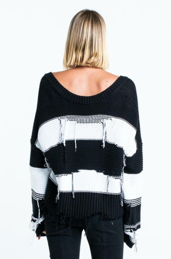 Kara Black and White Striped Fringe Ripped Sweater -  BohoPink