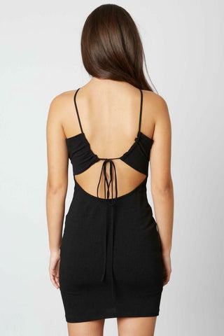 Black bodycon mini dress with open back and tie detail