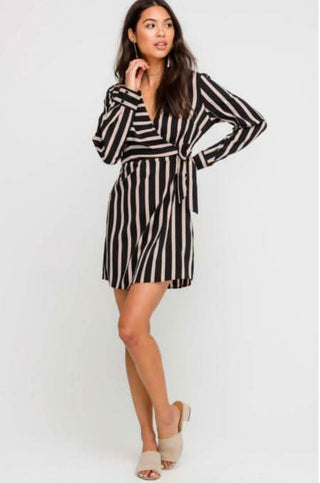 Joanna Black and Taupe Stripe Wrap Dress full outfit view