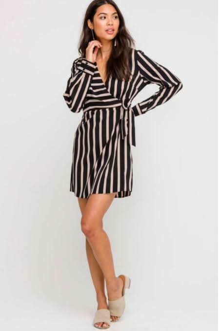 Joanna Black and Taupe Stripe Wrap Dress -  BohoPink
