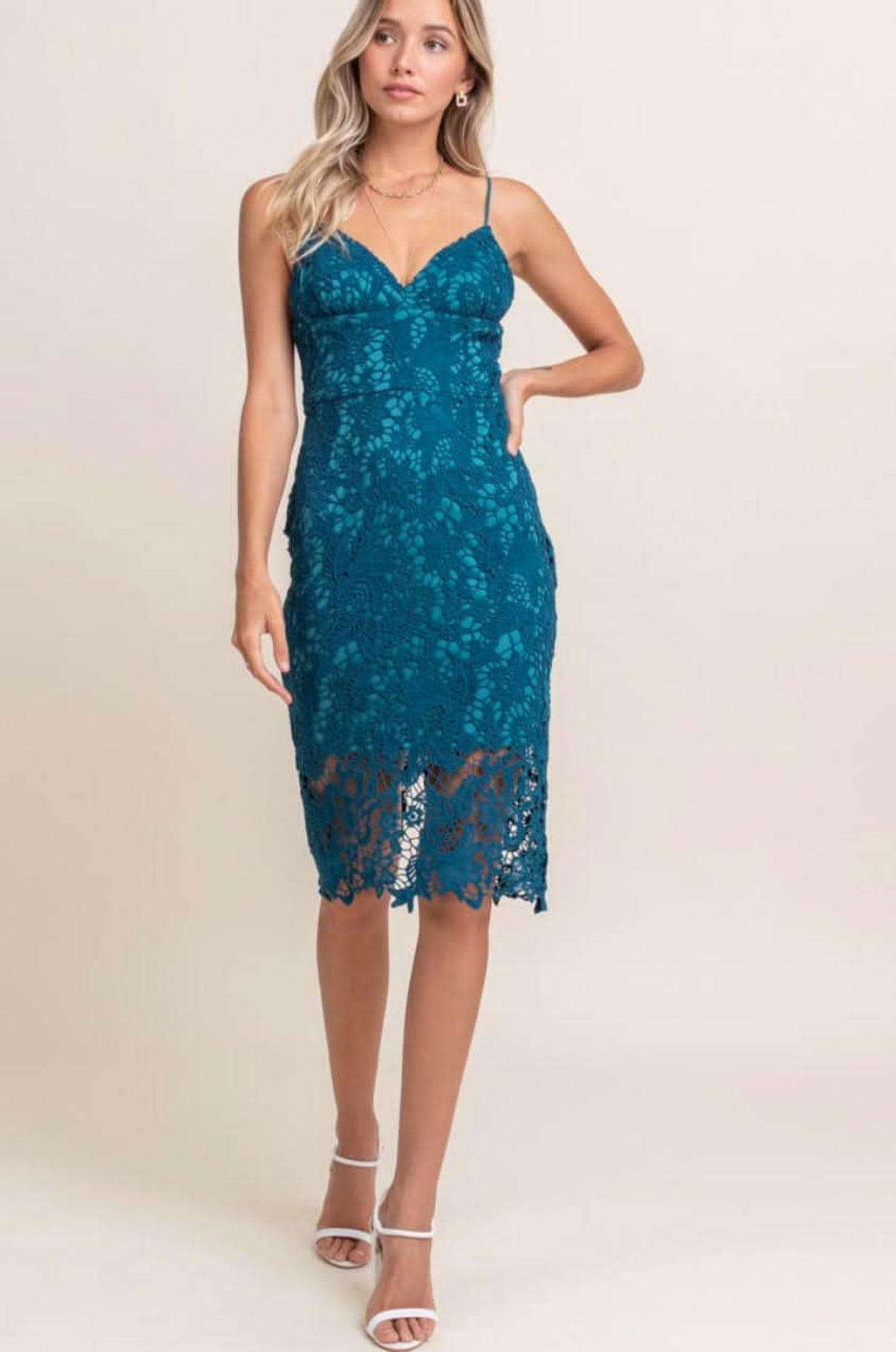Teal Blue Dress - Crochet Lace Midi Dress