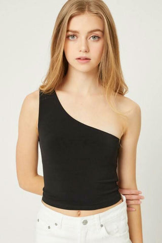 Elsa Black One-Shoulder Cropped Tank Top -  BohoPink