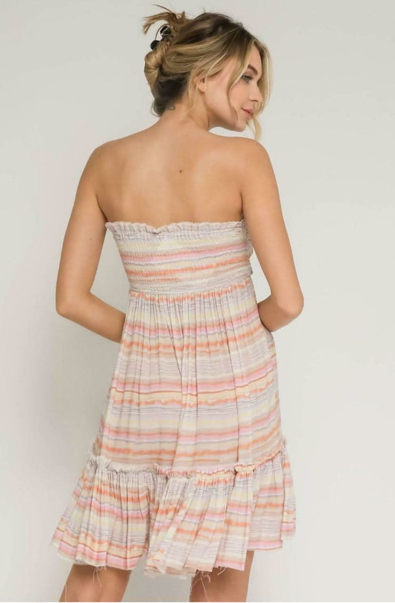 Canyon Sunset Blush Multi Stripe Strapless Mini Dress -  BohoPink