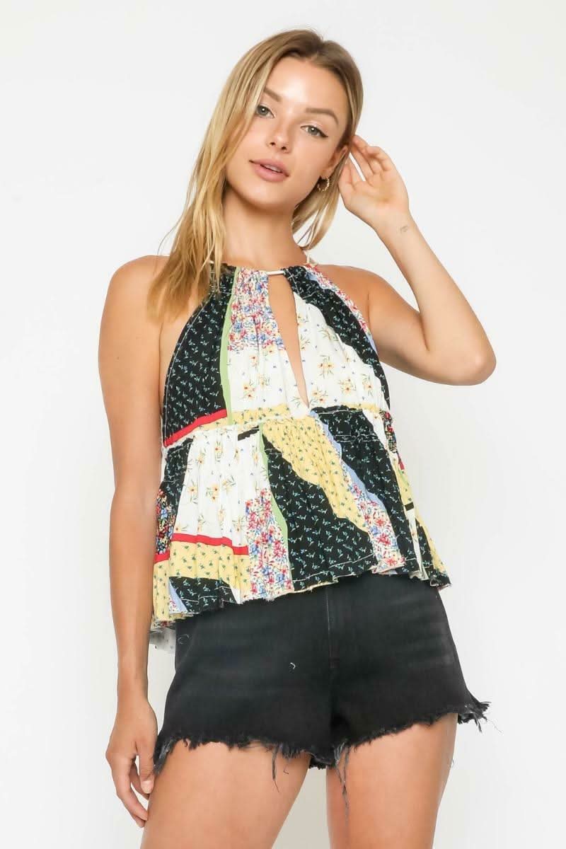 Navy Patchwork Print Keyhole Halter Top 
