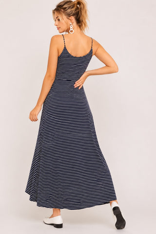 Consider This Navy Blue and White Striped Maxi Tank Dress -  Back View