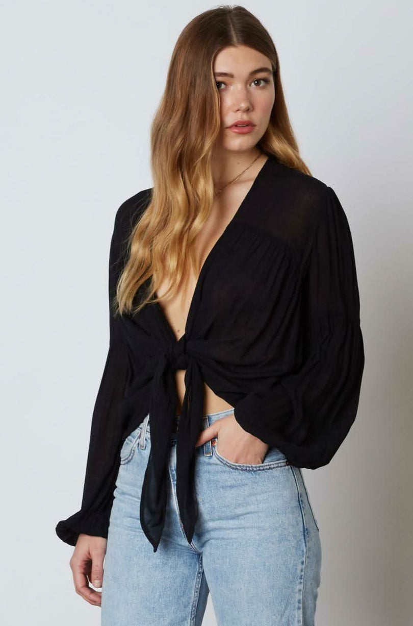 Gia Black Long Sleeve Tie-Front Crop Top -  BohoPink