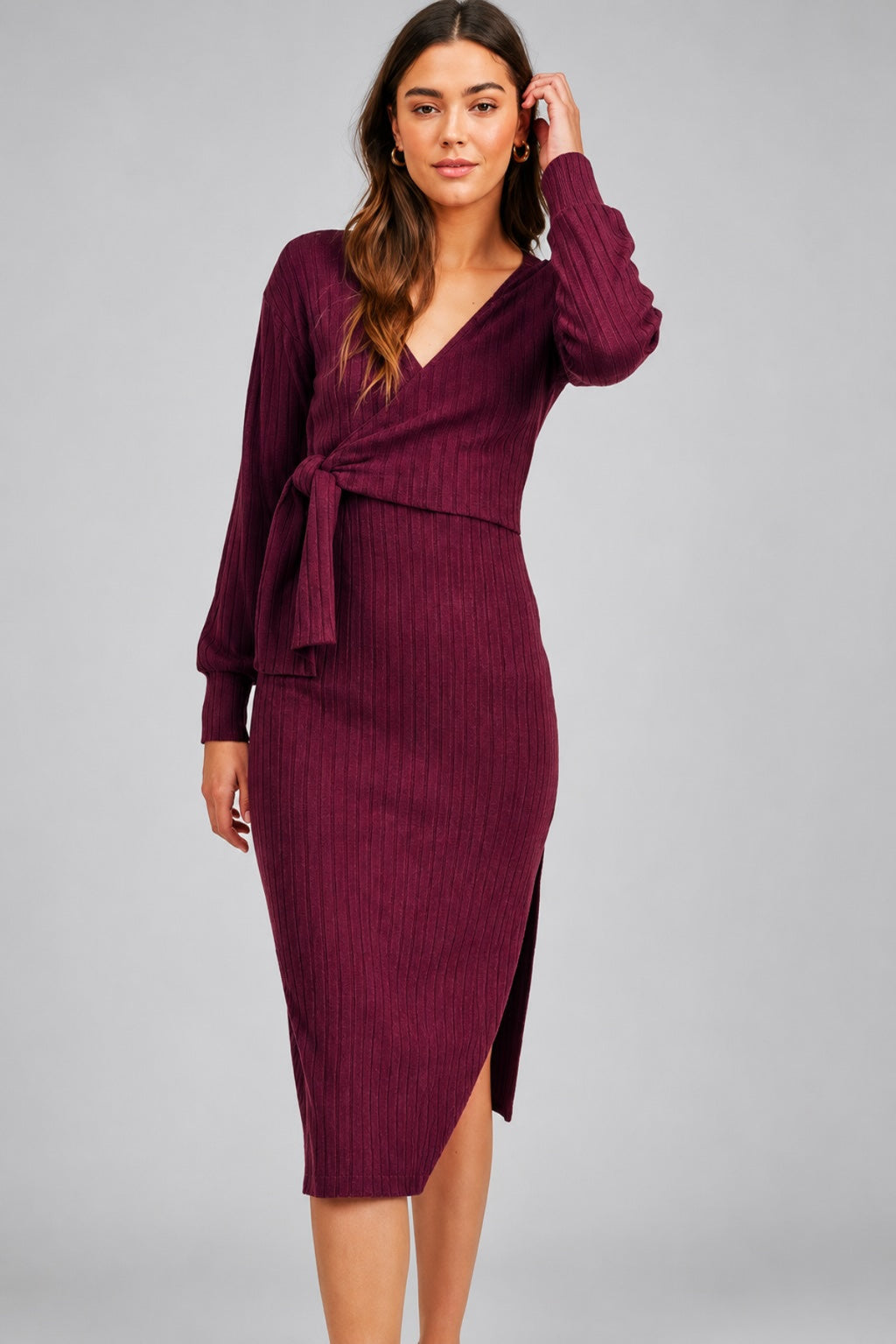 formal wrap dress with sleeves LUSH Long Sleee Rib Knit Dress, Size Medium in Ruby at Nordstrom Rack formal cream color dress