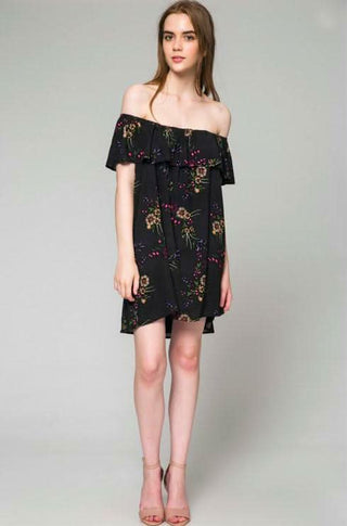 Short floral dresses - Black floral off-the-shoulder mini dress with pink and yellow flowers 