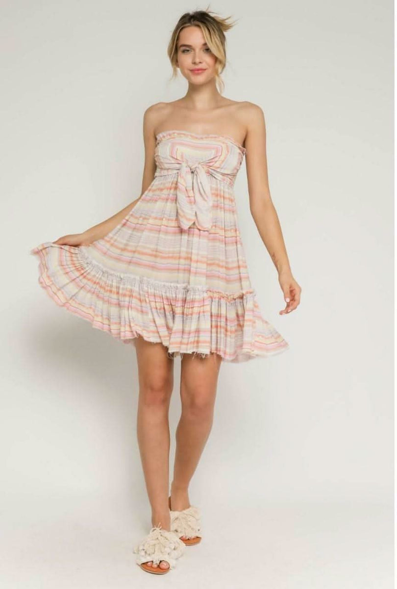Canyon Sunset Blush Multi Stripe Strapless Mini Dress -  BohoPink