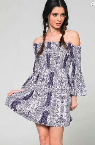 Soma Navy Print Flared Dress - Casual Off-The-Shoulder Style
