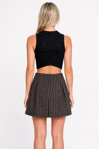 Lush Element Olive Knit Pleated Checkered Skirt - Back View