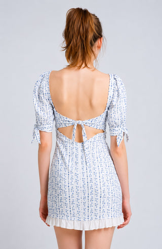 Tory White and Blue Floral Puff Sleeve Mini Dress - Back View