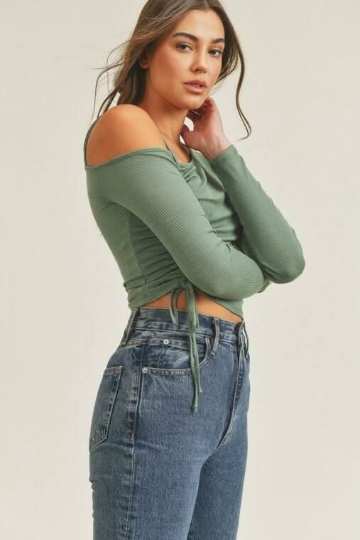 Lush Angie Olive One Shoulder Ruched Crop Top -  BohoPink