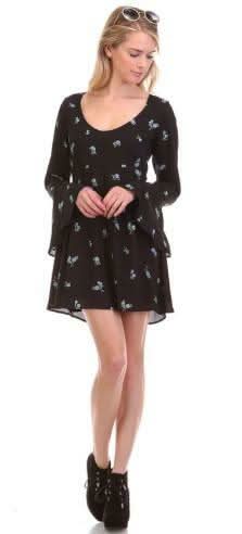 Botanical Babe Black Floral Print Bell Sleeve Dress -  BohoPink