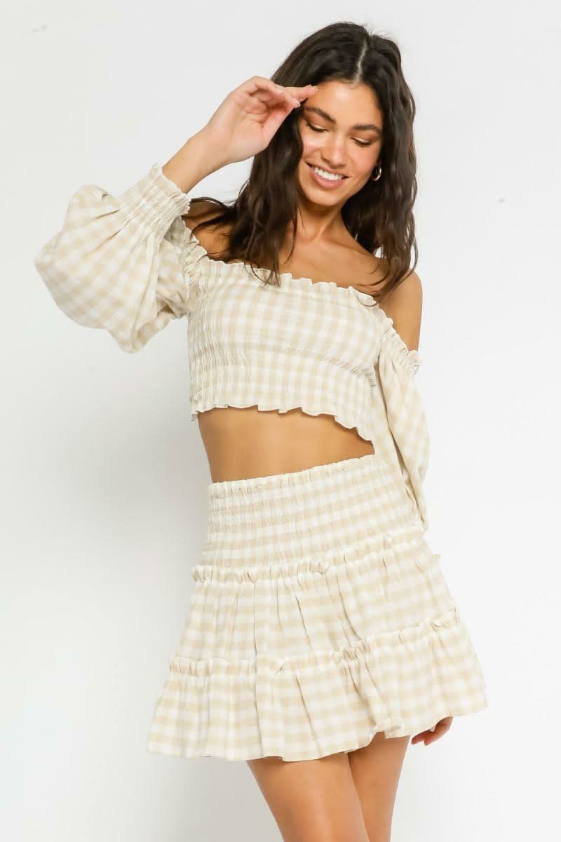 Khaki Gingham Smocked Off-the-Shoulder Dress Set