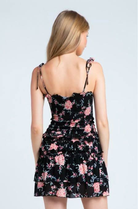Sky to Moon Taylor Black and Pink Tie Strap Mini Dress Size M, Smocke Bodice Sky to Moon Taylor Black and Pink Tie Strap Mini Dress Size M, Smocke Bodice
