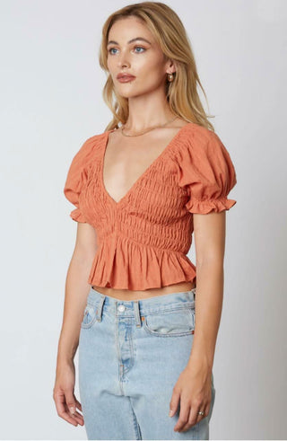Dana Terra Cotta Smocked Puff Sleeve Ruffle Top outfit view