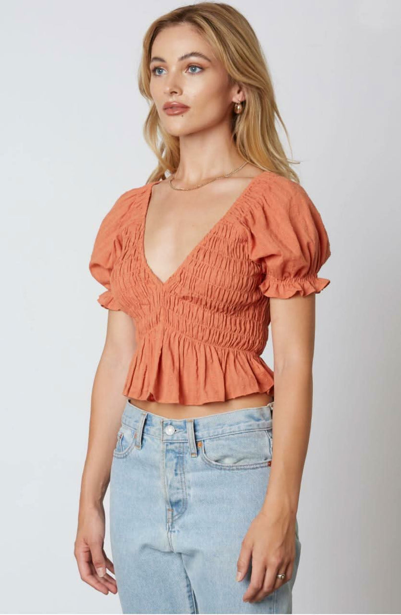 Dana Terracota Smocked Puff Sleeve Ruffle Top -  BohoPink