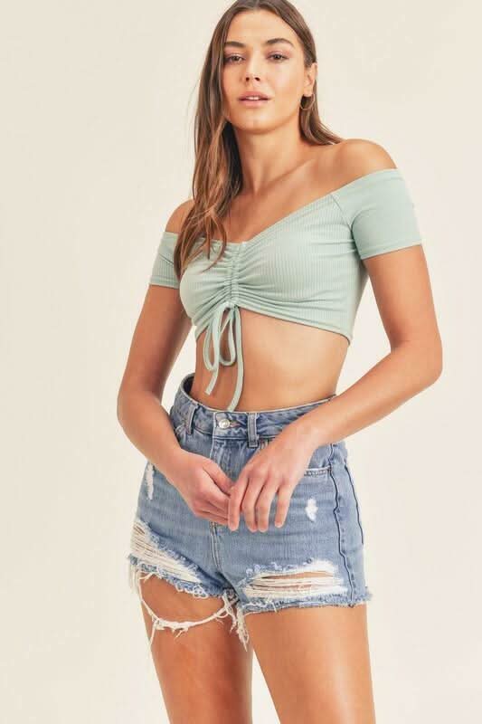 Bailey Sage Drawstring Off-the-Shoulder Crop Top -  BohoPink